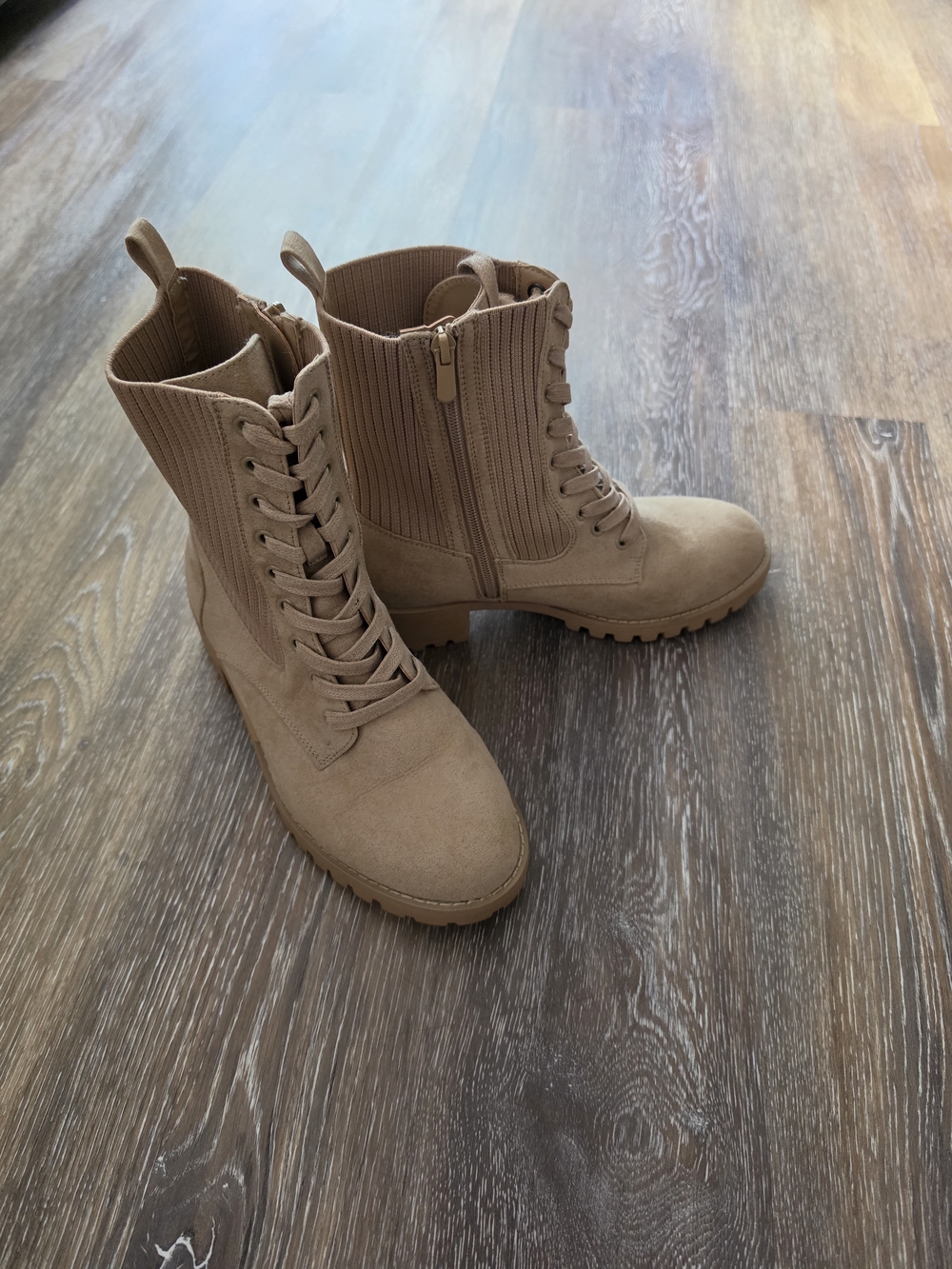 Women's Combat Moto Boots - Taupe Lace-Up Side Zip